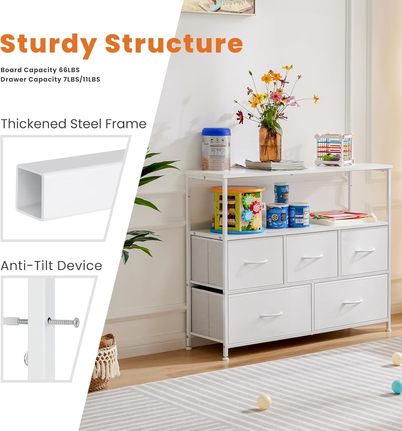 Bigleap TV Stand for Bedroom, TV Dresser for 45 inches, Media Console Table, Entertainment Center with 5 Fabric Drawers Cabinet and Open Storage Shelf Furniture Cabinet for Living Room, White