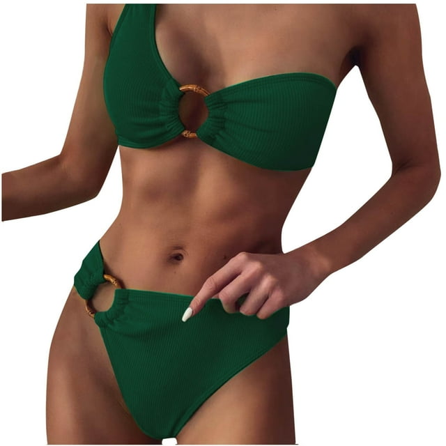Two Piece One Shoulder Swimsuit for Women O-Ring Cheeky Bikini Set Ribbed Swimwear Bathing Suit Beach Pool Vacation, Army Green, M