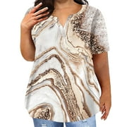 Huresd Women Plus Size Tops Casual Shirt for Work Office Work Shirts Marble Print Women's Summer Round Neck Blouses Khaki 3XL