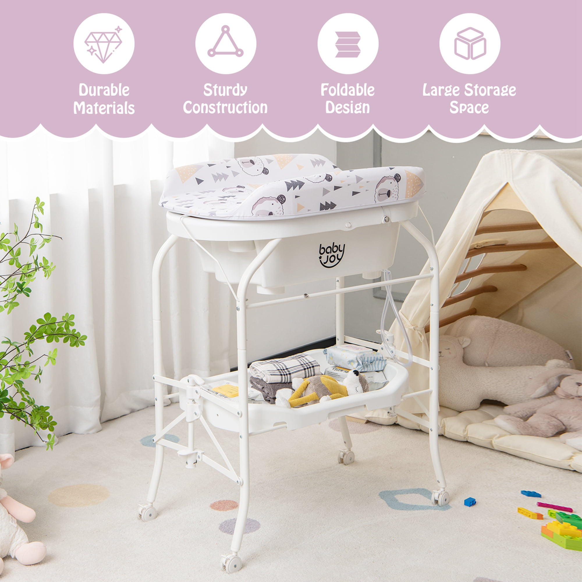 Babyjoy Changing Table with Bathtub Folding Portable Diaper Station Steel 0-12 Months White