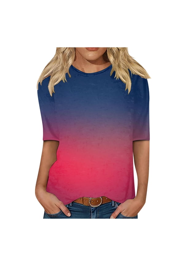 Elbow-Length Womens Summer Tops Soft Cool Gradient Casual T-shirts Crew Neck Workout Shirt Loose Pullover
