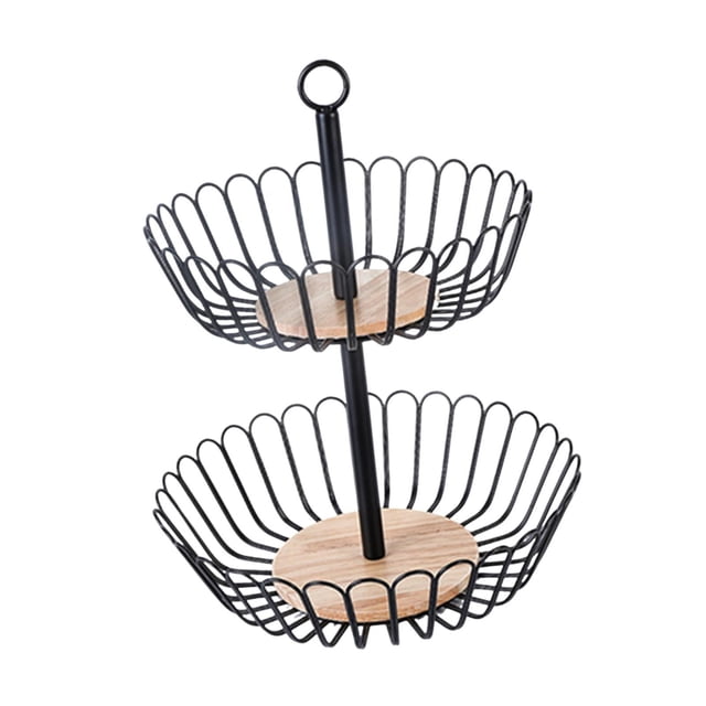 Cesta de frutas de 2 niveles, soporte de almacenamiento para cupcakes, organizador reutilizable de productos, cuenco de alambre de hierro para