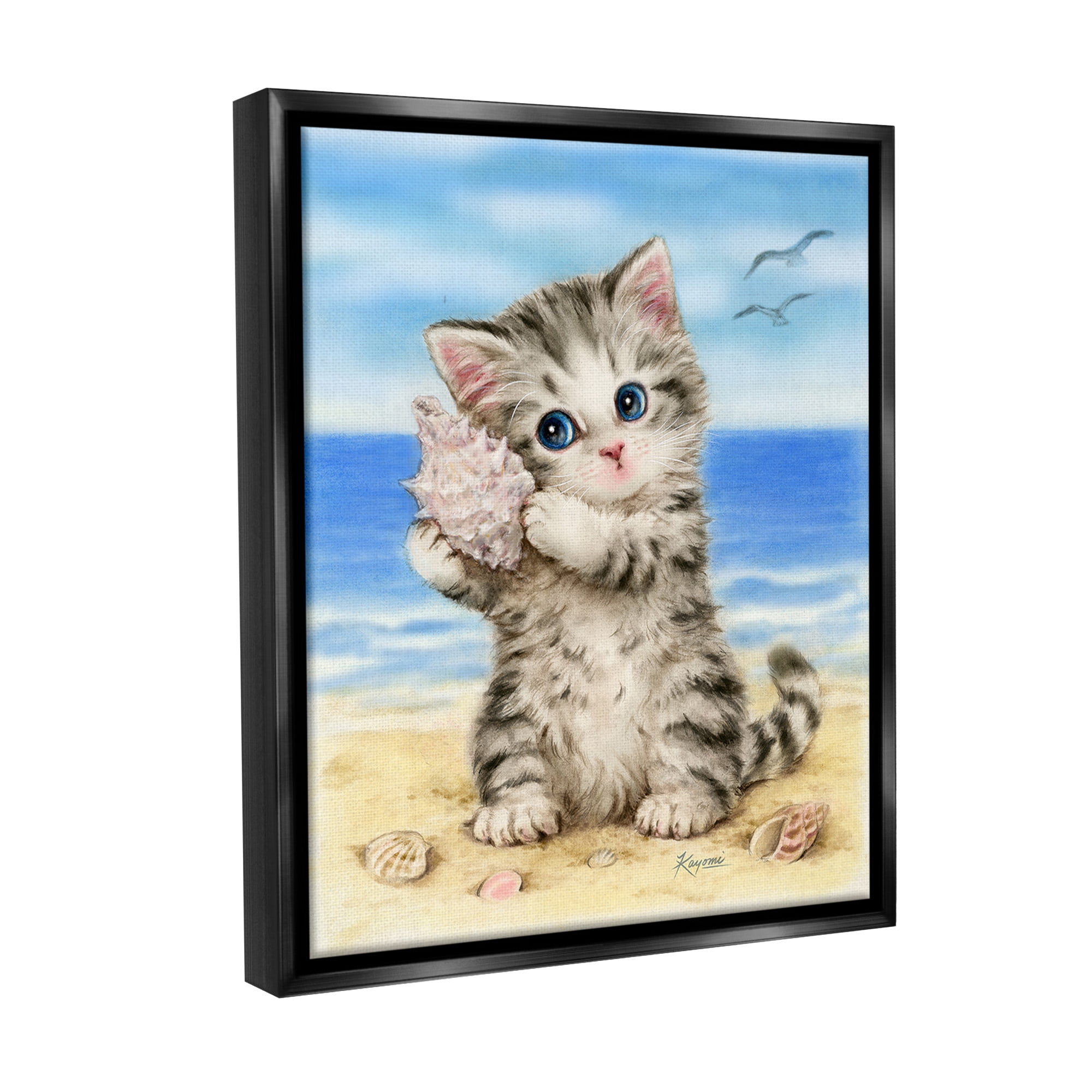 Stupell Industries Kitten with Conch Shell Animals & Insects Painting Black Floater Framed Canvas Art Print Wall Art, 25 x 31