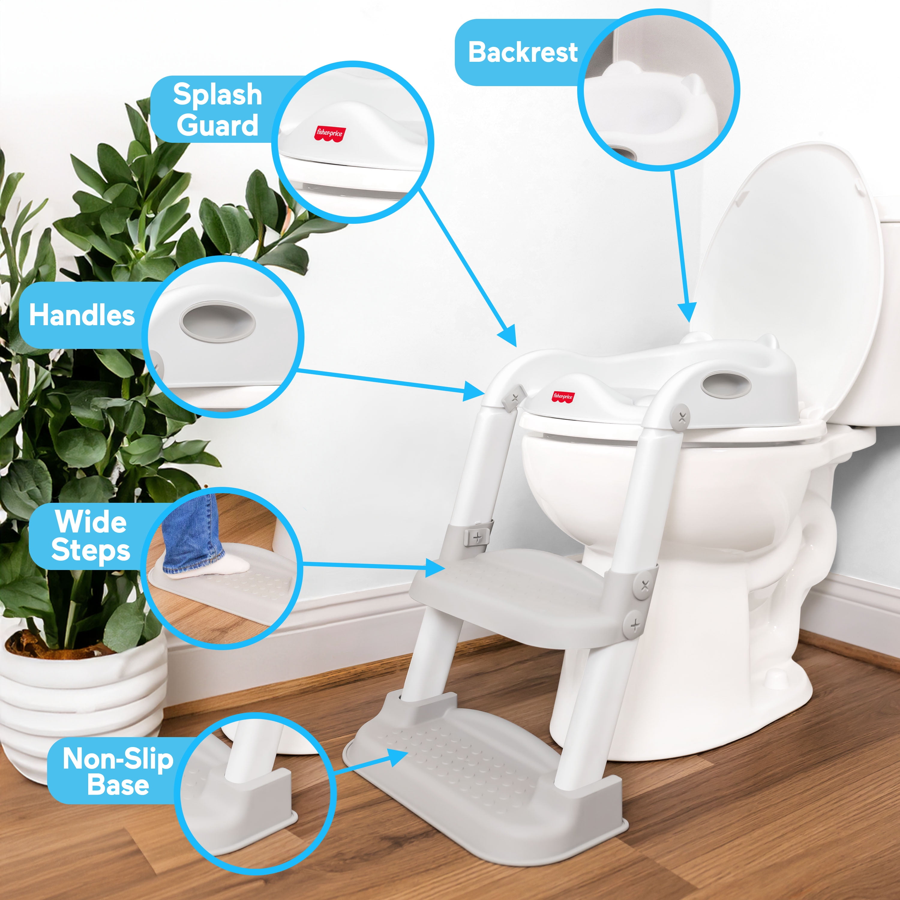 Fisher-Price™ Potty Training Seat with Step Stool Ladder, 2-in-1 Potty Training Toilet for Toddlers with Splash Guard, Anti-Slip Pads, Cushioned Seat (Gray), Children 18M and Up