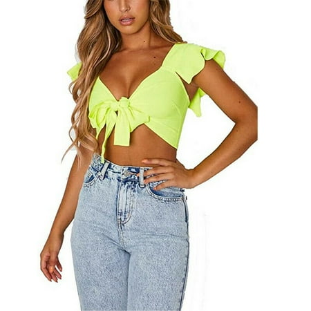 

Lookwoild New Fashion Women Summer Crop Tops Ruffles Summer Tops Ladies Strappy Bra Top Bustier Tie a Knot Crop Bralette Vest