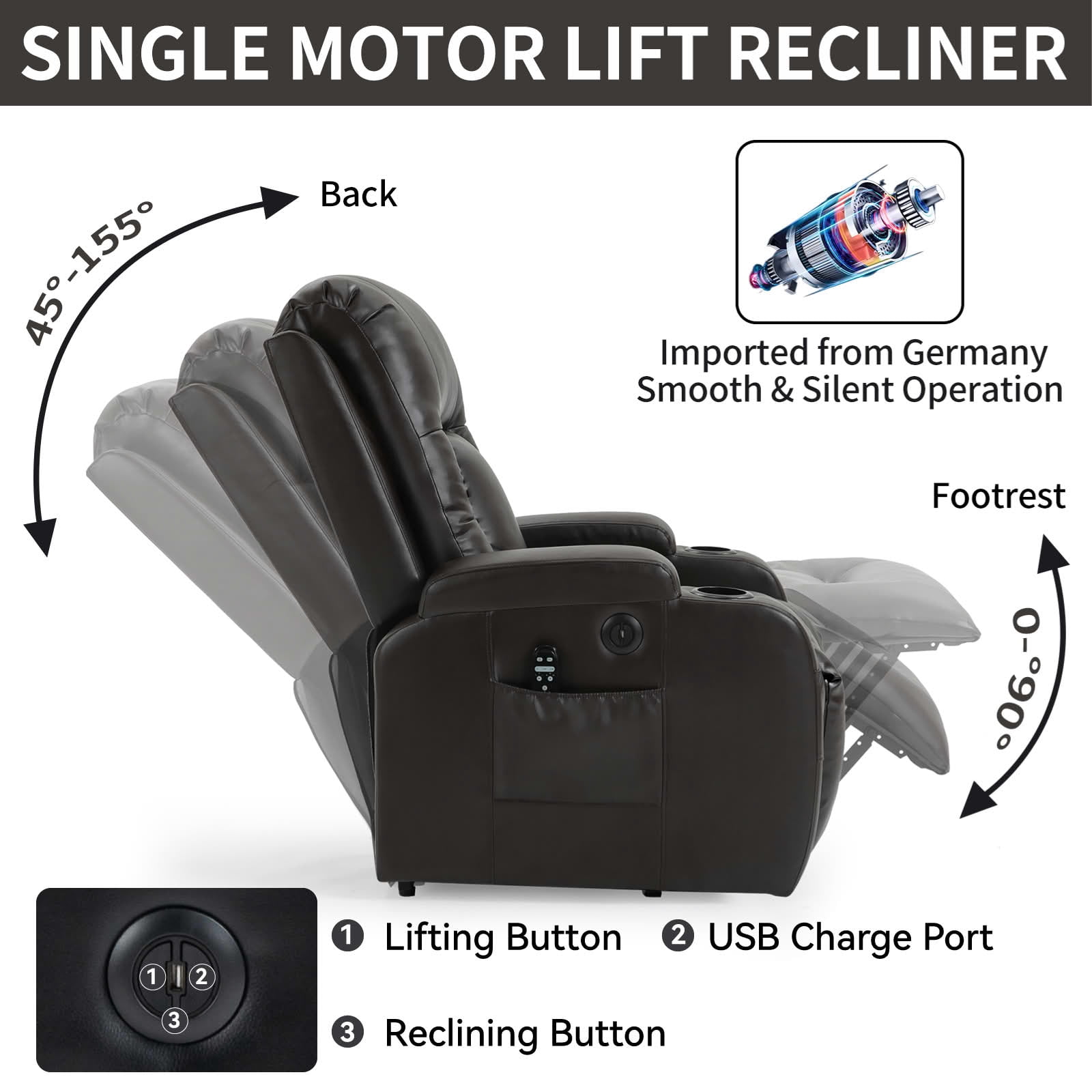 MAYEERTY Blue Chenille Power Lift Recliner, 350lbs Massage Heat USB-C Cup Holders 35"x29"x43"