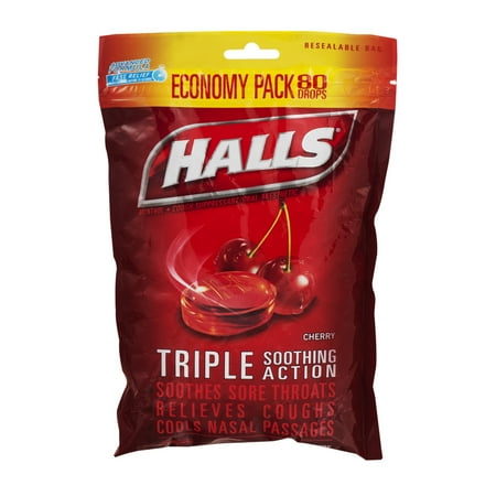 Halls Triple Action Soothing Cough Drops, Cherry, 80 Ct