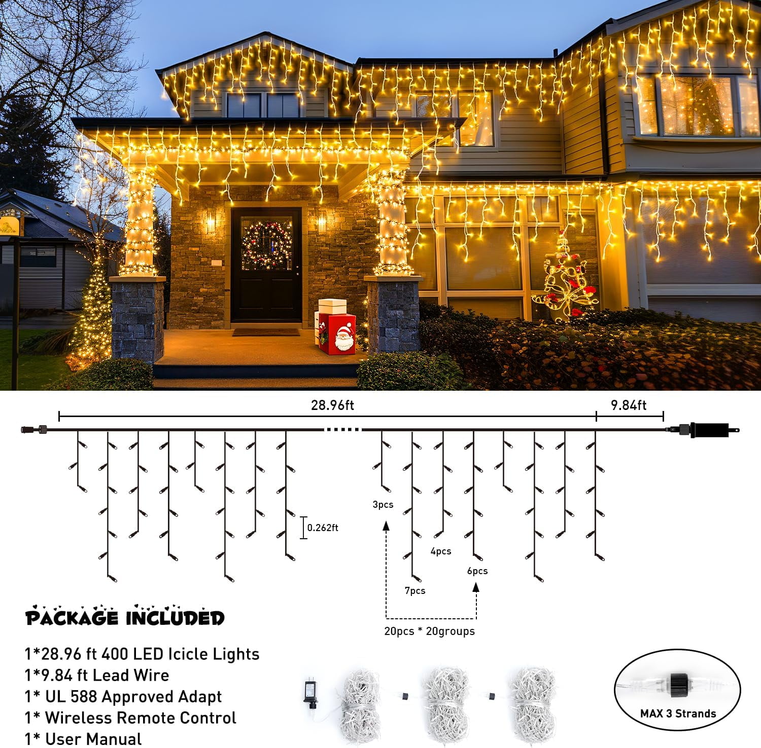 38.8FT Icicle Lights for Outside, 400 LED Icicle Christmas Light Outdoor Indoor Plug in, Warm White Curtain String Lights for Wedding House Patio Party Fireplace Holiday Decorations