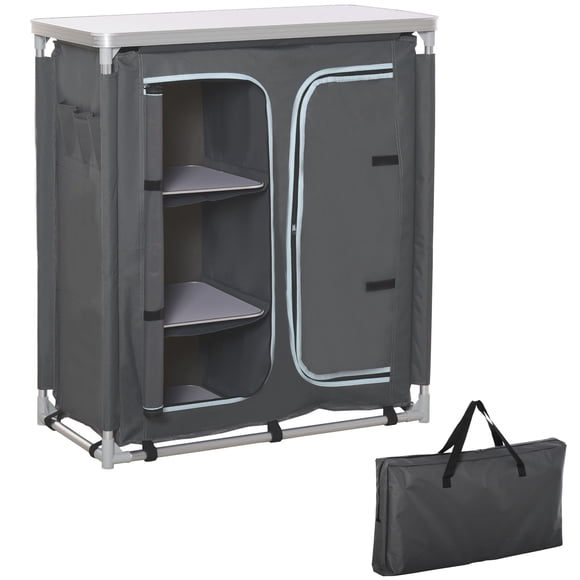 Outsunny Aluminum Camping Table, 3-Shelf Storage Organiser, Grey