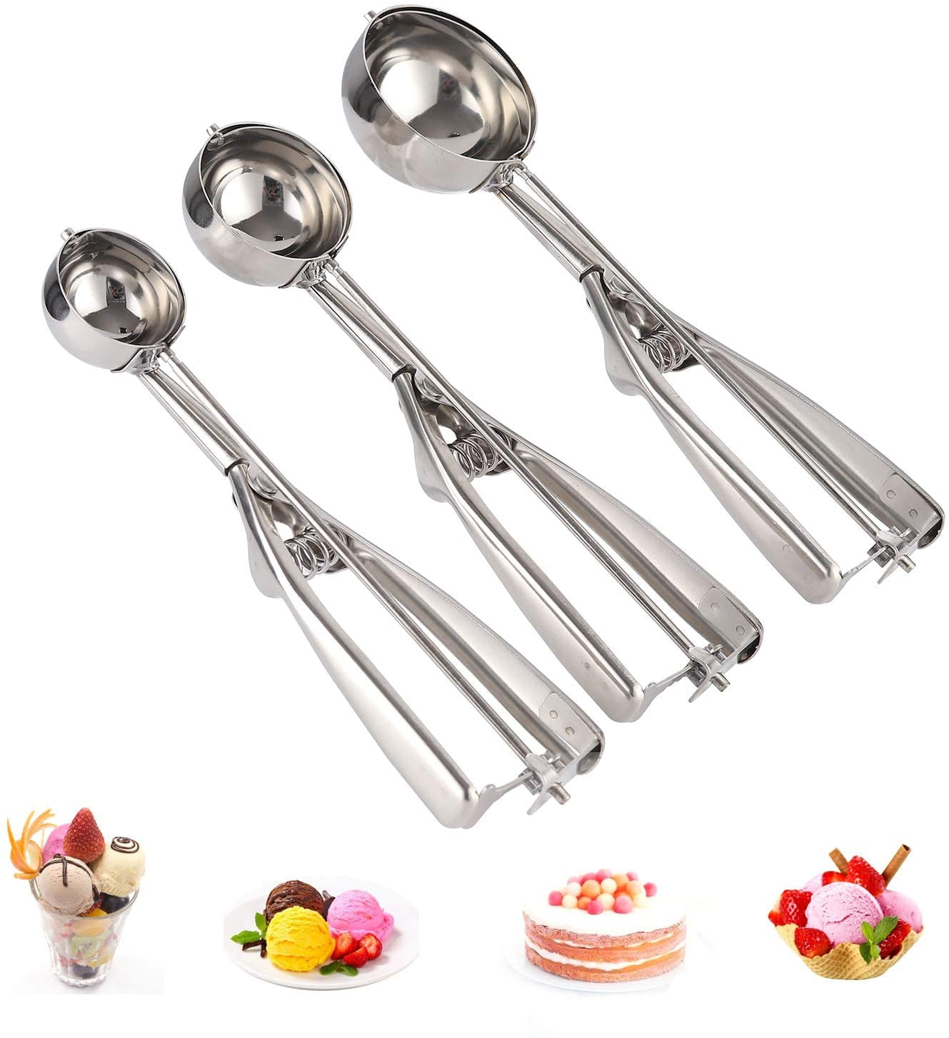 Cookie Dough Metal Cupcake Spoons Include Large-Medium-Small Sizes Balls for Meatball Muffin Melon MOTYYA Ice Cream Scoops Set of 3,Stainless Steel Cookie Scooper with Trigger Release