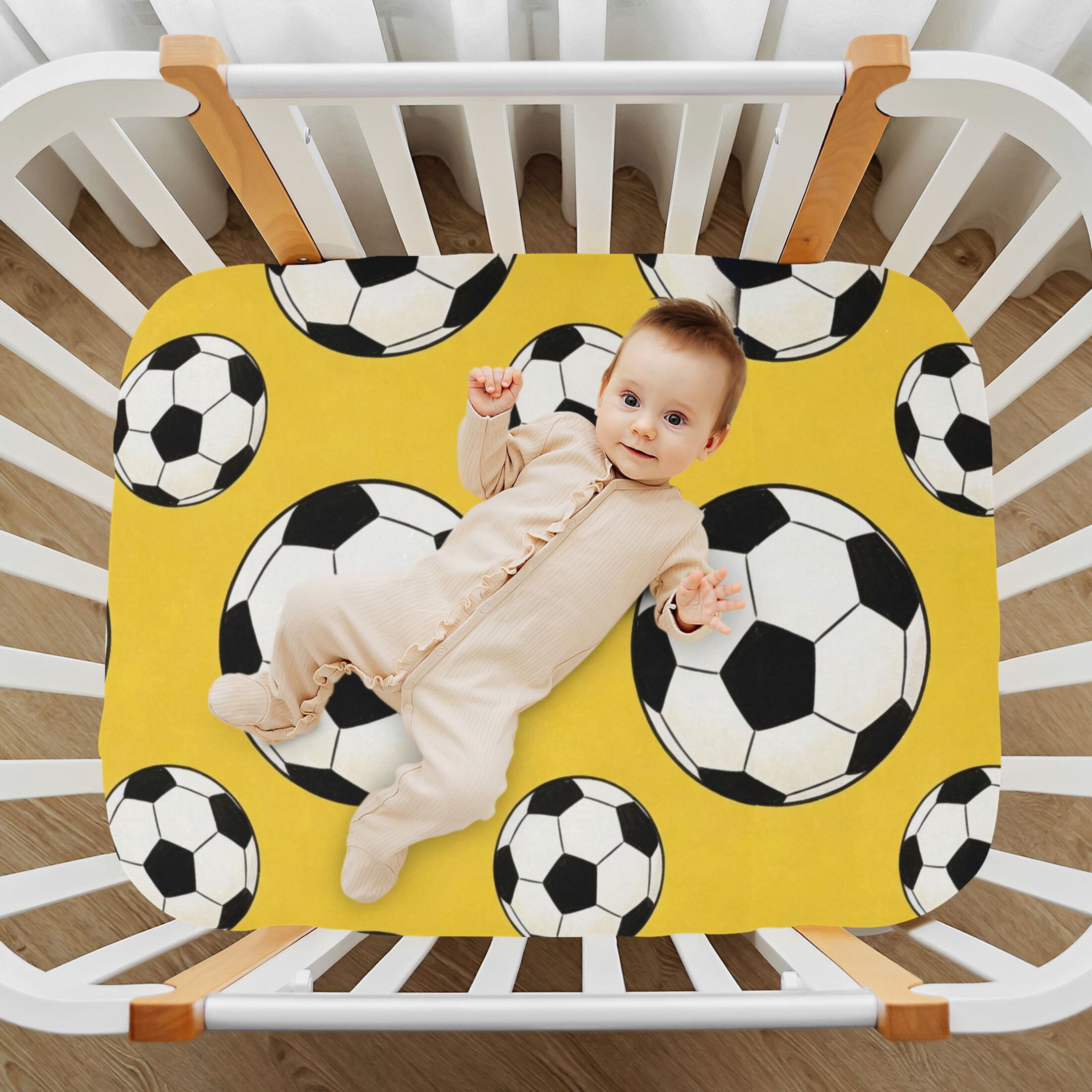 Baby Essentials 52”x 28”- Standard Cotton-like Modal Elastic- Yellow Football Design Crib Sheets for Newborns and Toddlers