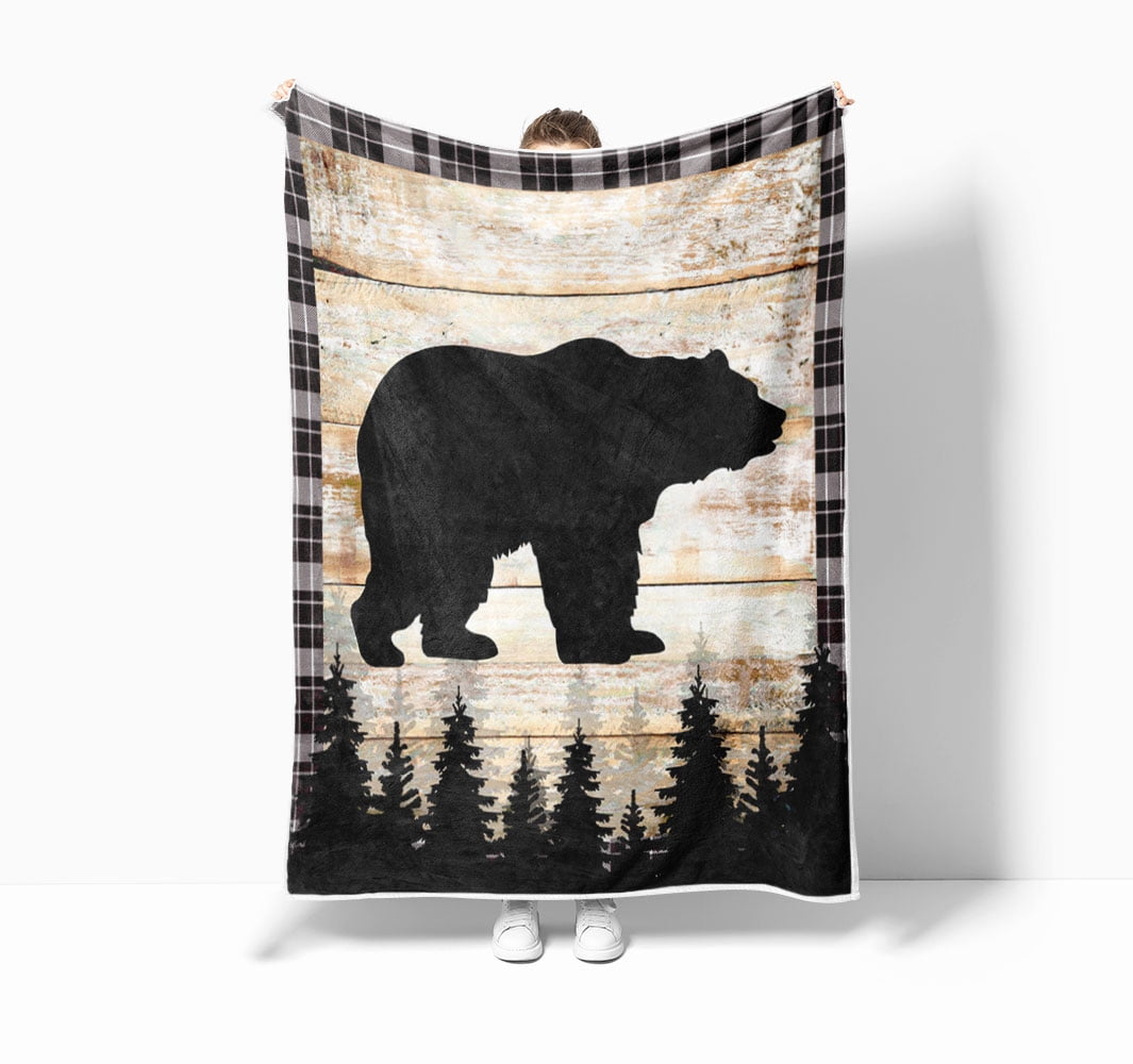 Rustic Forests Bear Throw Blanket, Brown Wooden Board Black Plaid Soft Flannel Bed Throw Blanket for Couch, Framhouse Retro Style Lightweight Fluffy Plush Fuzzy Sofa and Travel Bed Blanket 60X80in