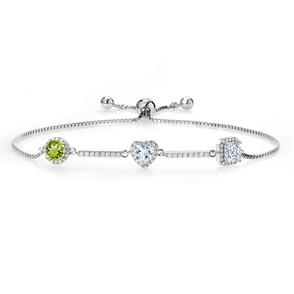 Gem Stone King 1.77 Ct Round Green Peridot Sky Blue Aquamarine 925 Sterling Silver Bracelet for Women
