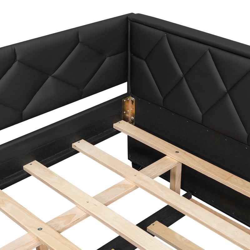 Full XL Size Faux Leather Upholstered Daybed with Twin Size Trundle, Low-Profile Sofa Bed Frame with LED Lighting Armrests