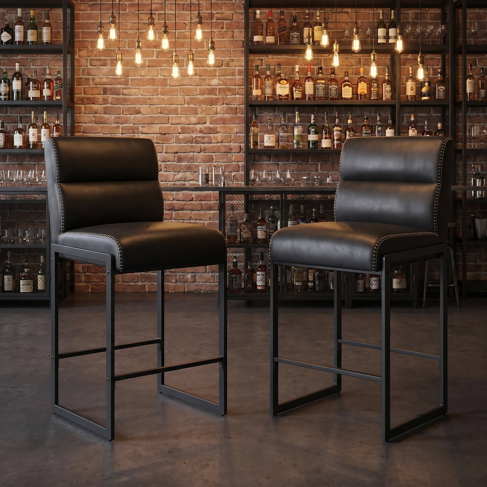 26.4 in. Ink Black Counter Height Bar Stools with Back and Synthetic Leather Stitching (Set of 2)
