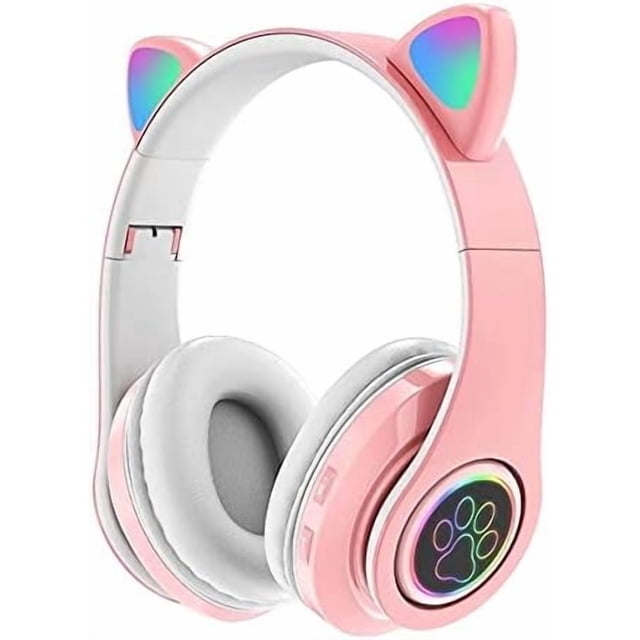LED con Luz Audifonos Inalámbricos Pata de Gato Auriculares Plegables sobre la Oreja con Micrófono,Pink