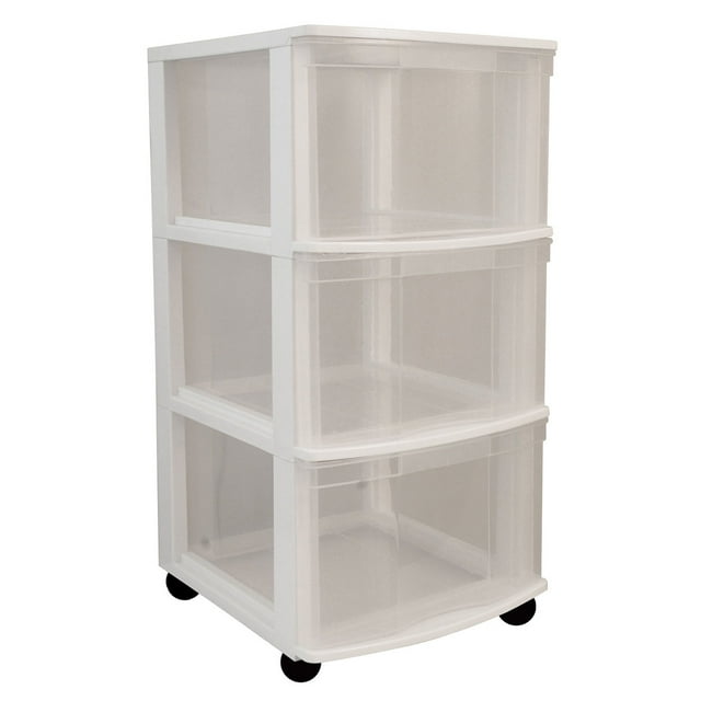 Gracious Living 3 drawer white storage cart with clear plastic drawers and black caster wheels for easy mobility.