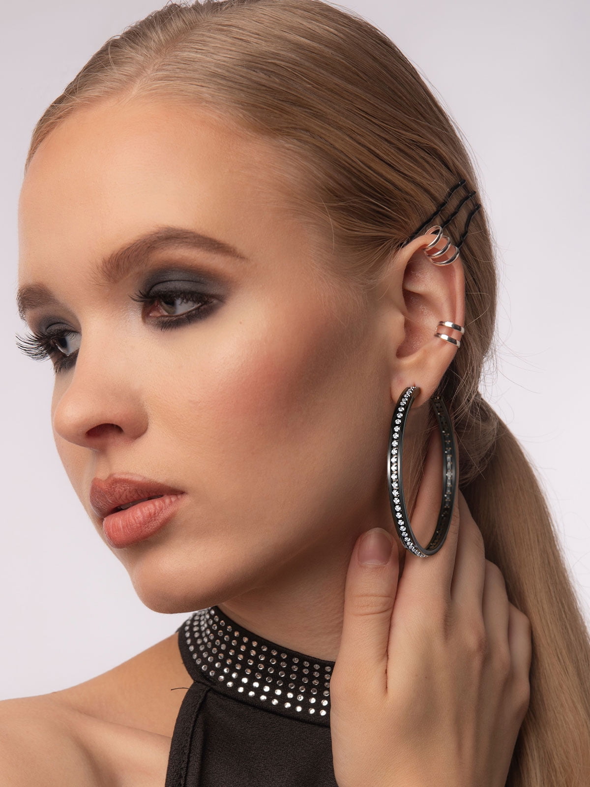 FindChic Black Hoop Earrings for Women Stainless Steel Hoops with Cubic Zirconia Inlaid Birthday Mothers Day Jewelry Gifts Her Mom Wife, 60mm
