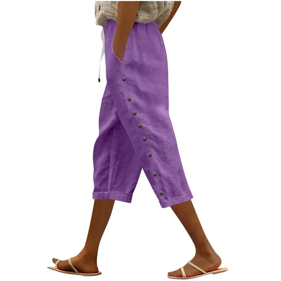 FAVIPT Plain Casual Capris for Women Side Button Cotton Summer Capri Pants Drawstring Elastic Waist Capris with Pockets Purple,XL