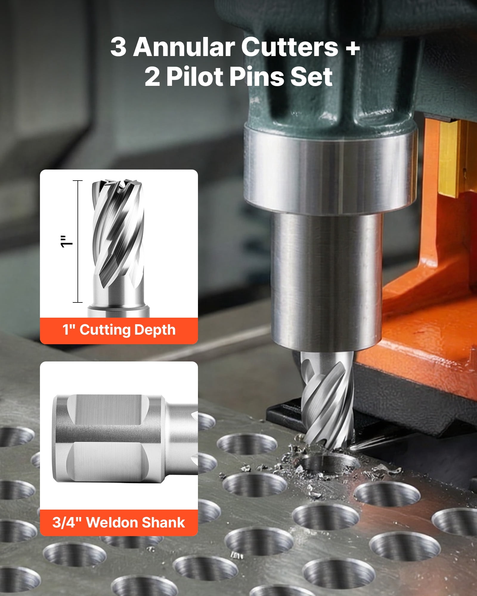 VEVOR Annular Cutter Set, 5 pcs Weldon Shank Mag Drill Bits Kit, 1" Cutting Depth, 5/8" Cutting Diameter, HSS, 3 Drill Bits with 2 Pilot Pins and 3 Plastic Cases, for Magnetic Drills, Steel, Aluminum