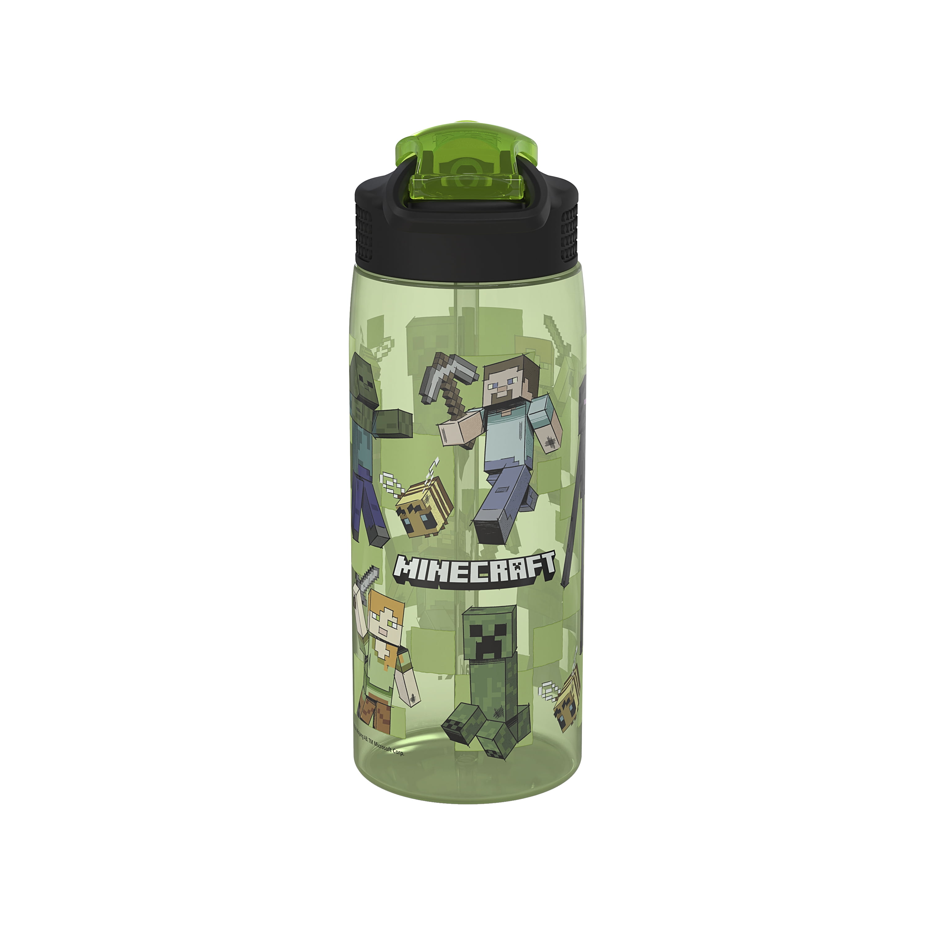 Zak Designs 25oz Minecraft Kids Straw Water Bottle, Durable Plastic Park Bottle with Easy-Open Locking Spout Cover for Travel, Built in Carry Handle