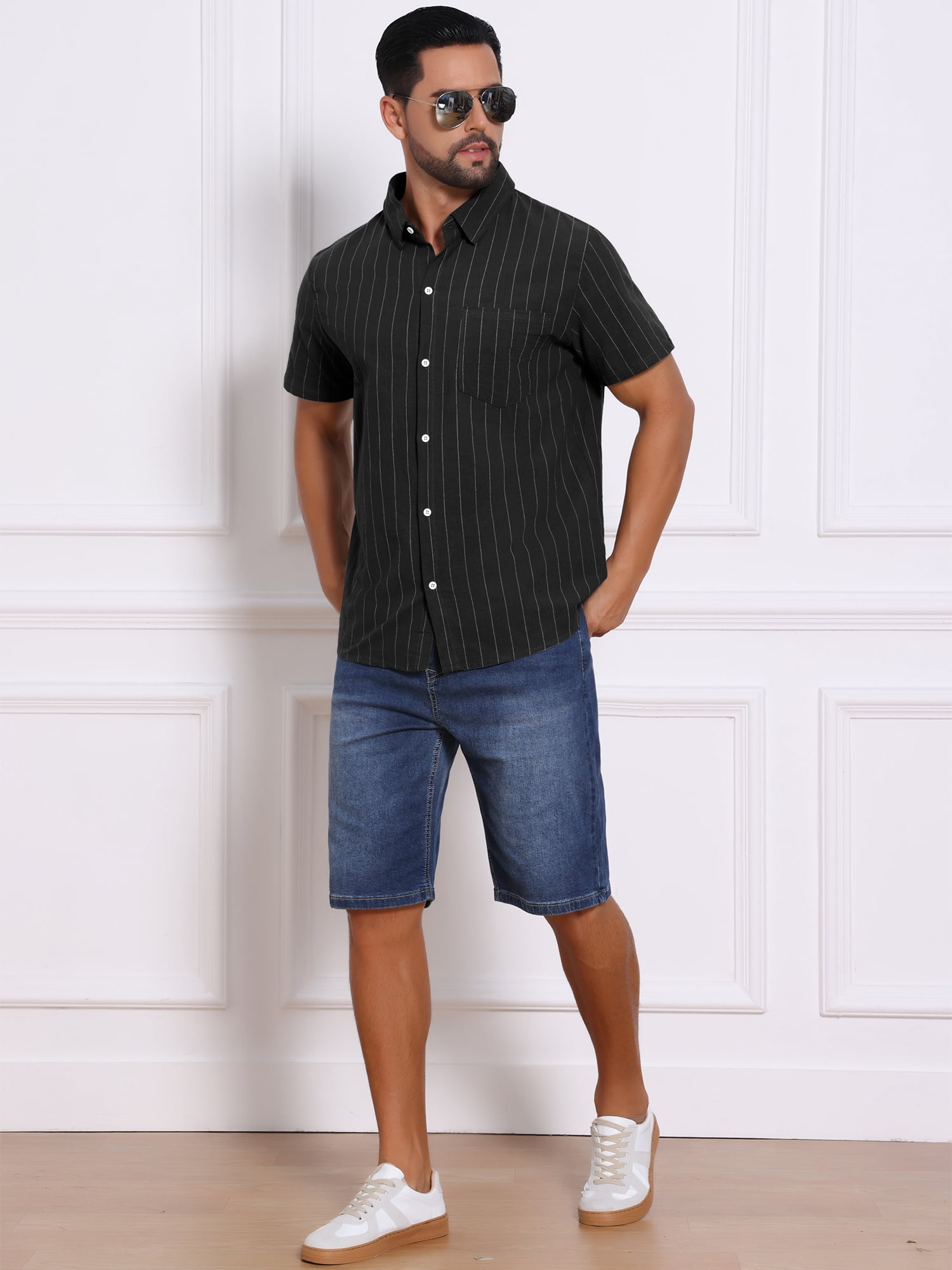 DARING DIVA Men's Point Collar Short Sleeve Button Down Stripes Shirts L Black