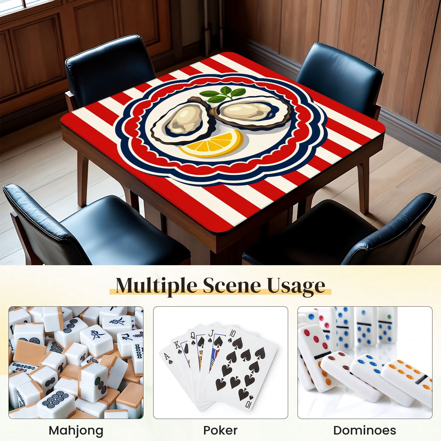 Mahjong Mat 31.5" x 31.5" Fresh Oysters Lemon Slice Red White Blue Striped Non-Slip Noise Reduction Mahjong Tiles Table Cover for Dominoes Poker Card Board and Tile Games