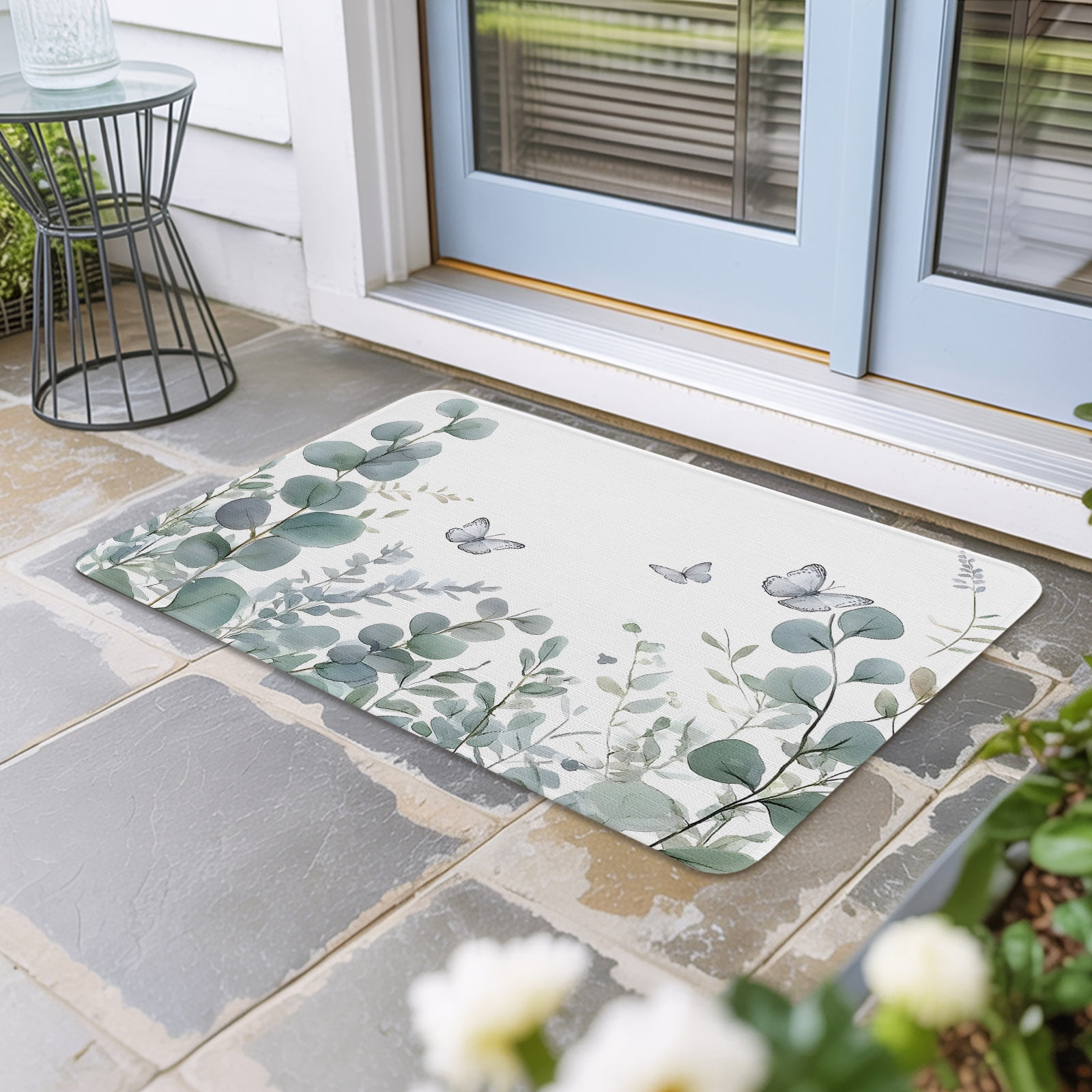 Teal Eucalyptus Leaves Door Mat Indoor Outdoor, Butterflies Summer Botanical Non Slip Welcome Mat with Rubber Backing, Absorbent Fabric Front Door Mats Entryway Rug for Home Patio Entrance 18"x30"