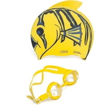 National Geographic Swim Cap and Goggles Set Kids Fish Lids Composite Skirt, Silicone Strap, Silicone Cap, Yellow Clown, Kids S/M