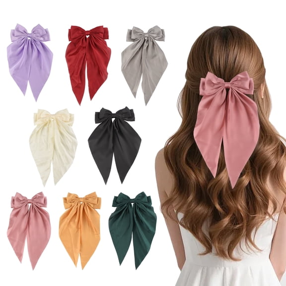 HUIANER 8Pcs Satin Big Hair Bows Long Tail Ribbon French Barrettes Hair Clips for Women & Girls