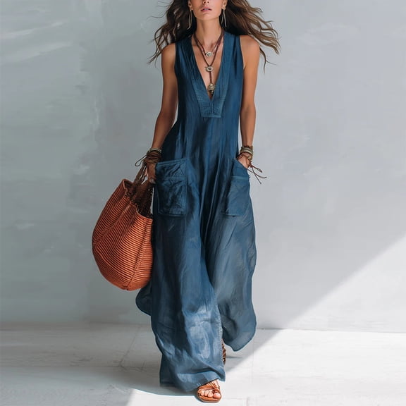 Morttic Women's Solid Color Sleeveless Deep V Jumpsuit – Loose Wide Leg Double Pockets Flowy Boho Beach Vacation Romper Blue,S