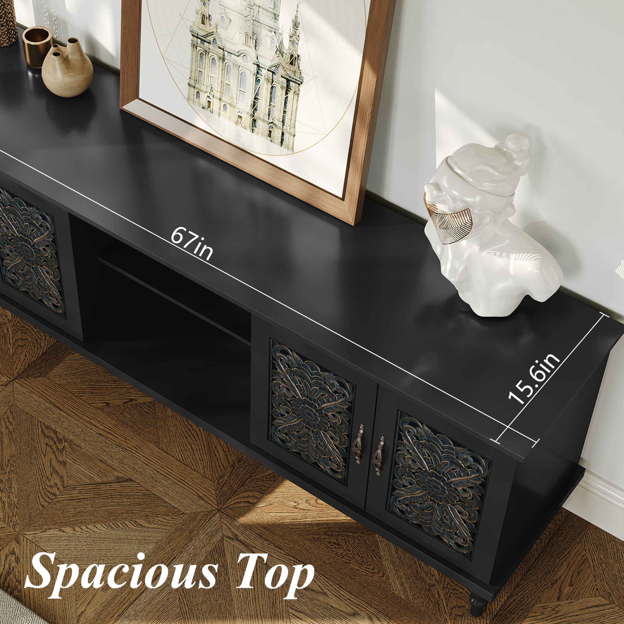 HLR Retro 67" TV Stand, for TVs up to 75", Living Room Entertainment Center with Carved Storage Cabinet, Black