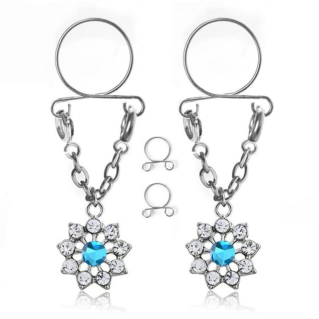 par de joyería piercing de decoración de anillo de pezón de flor de acero inoxidable de moda (azul)