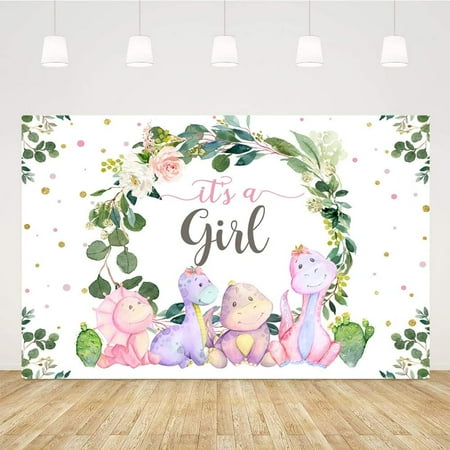 It's a Girl Backdrop Baby Shower Pink Cartoon Dinosaur Cactus and Eucalyptus Leaves Photography Background Kids Party Supplies Cake Table Decor Banner Photobooth Props Gift Favors