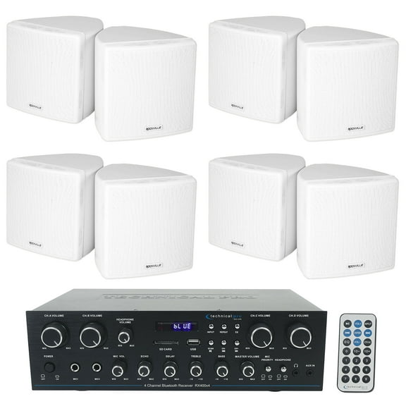 Technical Pro RX400X4 Bluetooth Home Receiver (8) 3.5" Cube White Wall Speakers