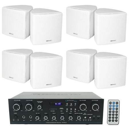 Technical Pro RX400X4 Bluetooth Home Receiver+(8) 3.5 Cube White Wall Speakers