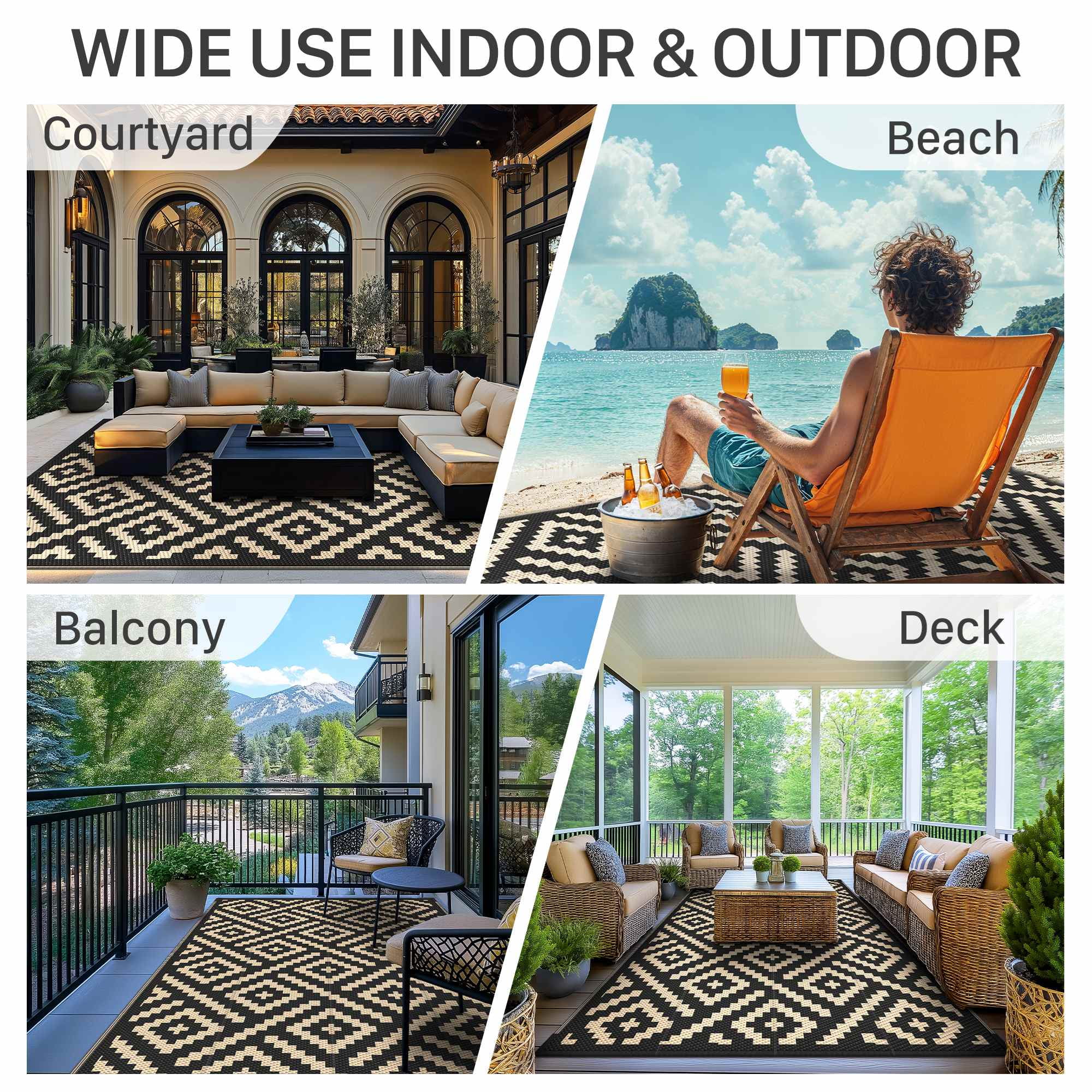 DEORAB Outdoor Rugs Waterproof Plastic Straw Mat 10'x14' Reversible for RV Patio Deck Beach Black & Beige