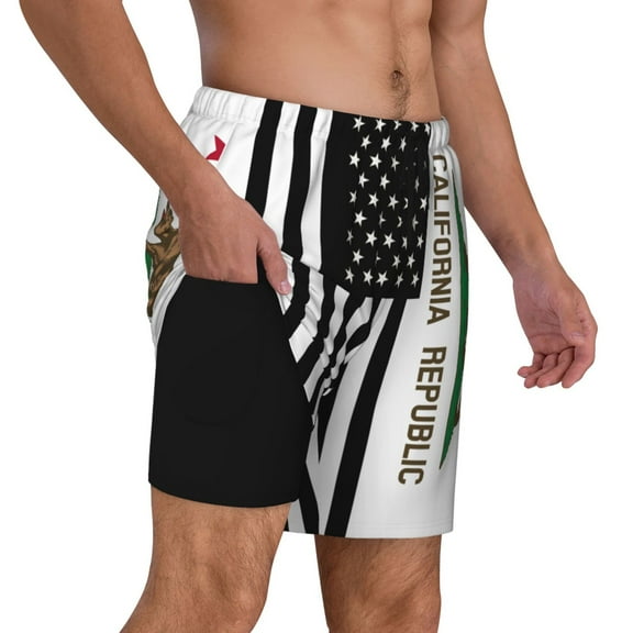 Mens Swim Trunks California America Flags Quick Dry Board Shorts with Compression Liner