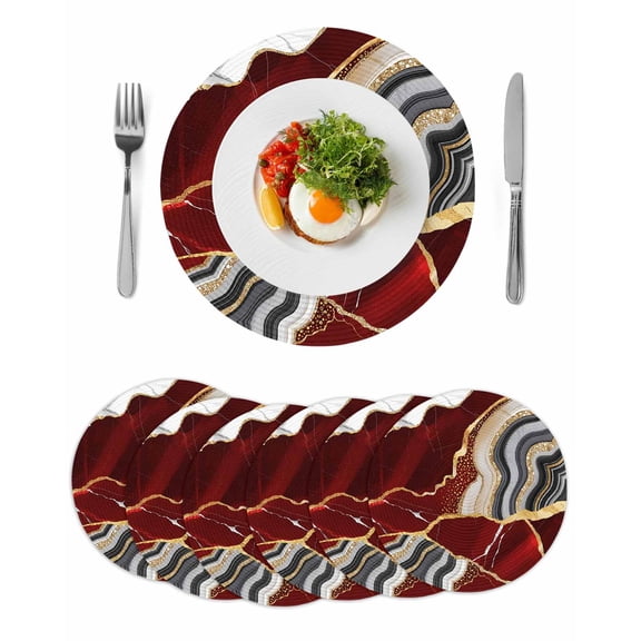 Red Marble Round 15 Inch Placemats Set of 6, Grey Gold Texture Vintage Farmhouse Art HeatResistant Non Slip Place Mats for Dining Table, Wipeable Braided Kitchen Table Mats for Housewarming