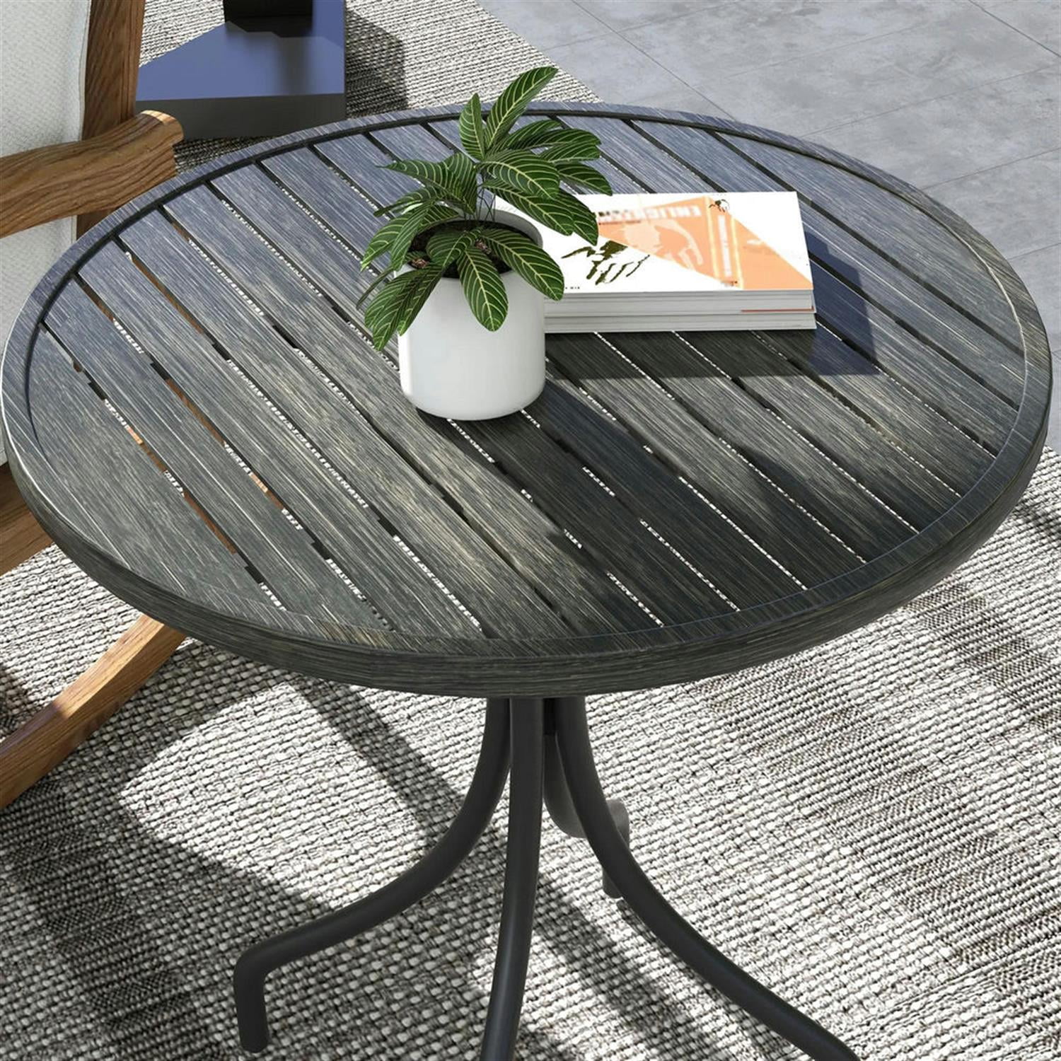 Demi Bonn 26" Round Outdoor Side Table, Steel Frame Slat Top, Garden Backyard for Outdoor Dining, Gray