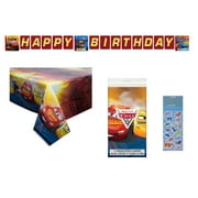 Disney Cars Birthday Party Supplies Bundle includes 1 Plastic Happy Birthday Banner, 1 Plastic Table Cover 54" x 84", 1 Dinosaur Sticker Sheet