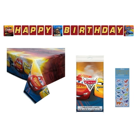 Disney Cars Birthday Party Supplies Bundle includes 1 Plastic Happy Birthday Banner, 1 Plastic Table Cover 54" x 84", 1 Dinosaur Sticker Sheet