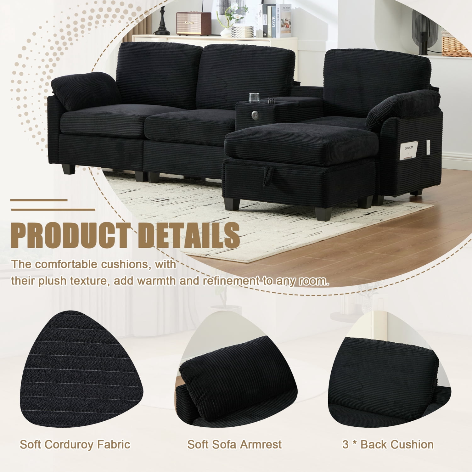 Leumius L-Shaped Sectional Sofa for Living Room,105" Modular 4-Seater Upholstered Sofa Couch with Cup Holder/USB Interface/Storage Box,Black