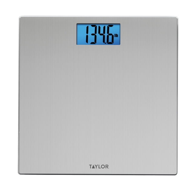 Báscula digital Taylor para peso corporal, capacidad de 400 lb, plataforma de vidrio fino de acero inoxidable cepillado, pantalla LCD azul única, plataforma duradera, 11.8 x 11.8 pulgadas, acero inoxi