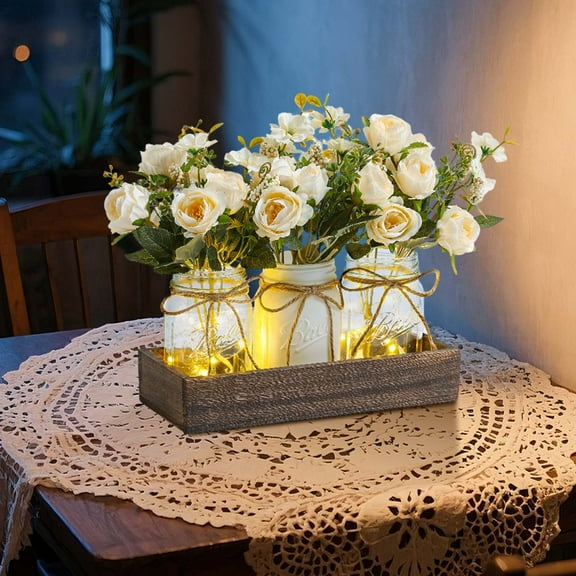 Wooden Box With Artificial Flowers Mason Jar, 3 Pcs Mason Jar Centerpiece Table Decorations with Lights Rustic Home Decor Spring Centerpieces Decor with Wood Tray and Flowers Glass Table Decorations