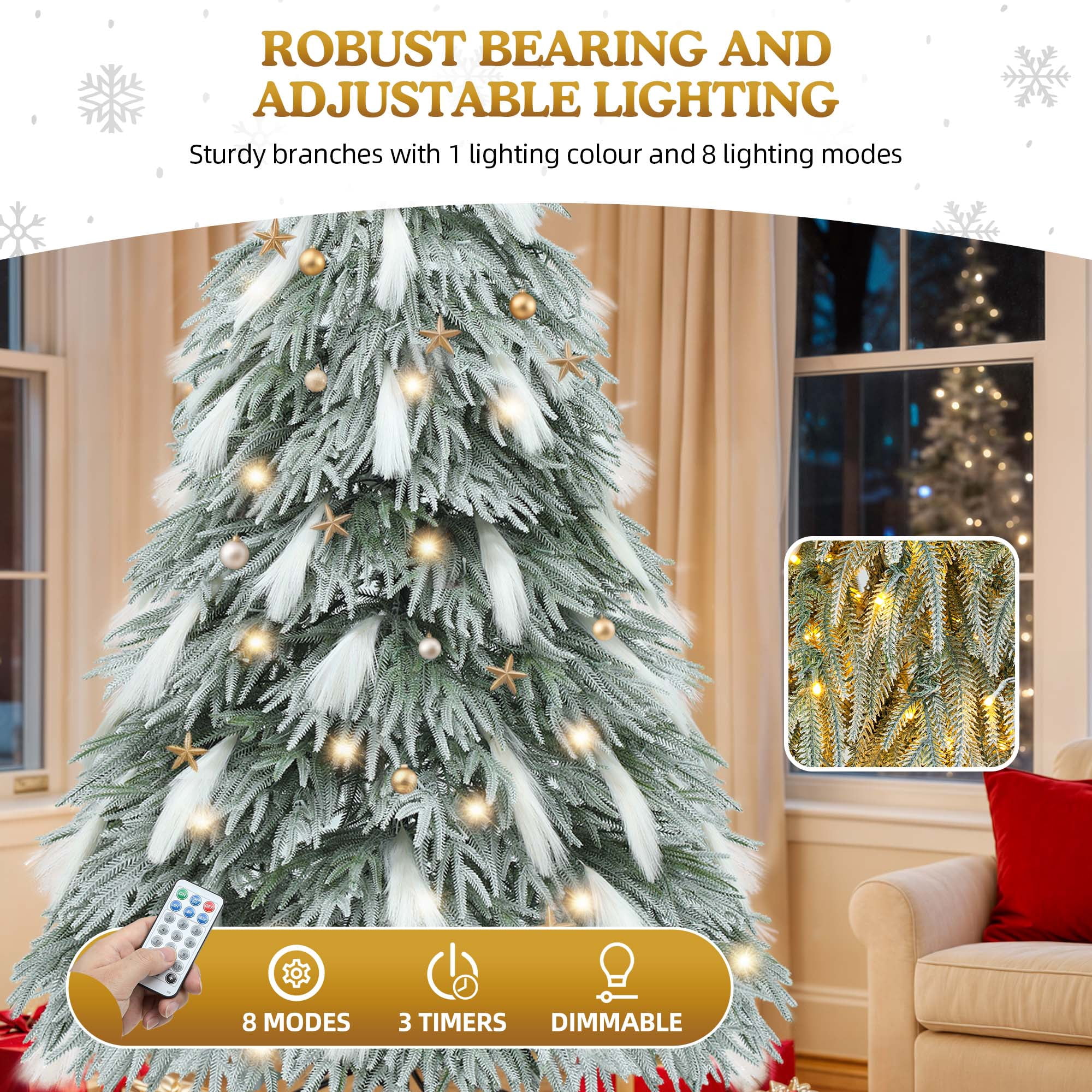 Uforic 6ft Pre-Lit Flocked Natural Drooping Pampas Christmas Tree with 30 Feathers, 355 Branch Tips and 400 Lights, for Home, Office, and Party Decor