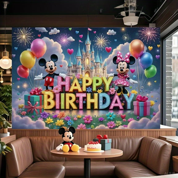 Minnie's birthday background with the words "Happy Birthday", colorful balloons and gifts - durable polyester fabric for indoor/outdoor weddings, graduation ceremonies, and home decoration