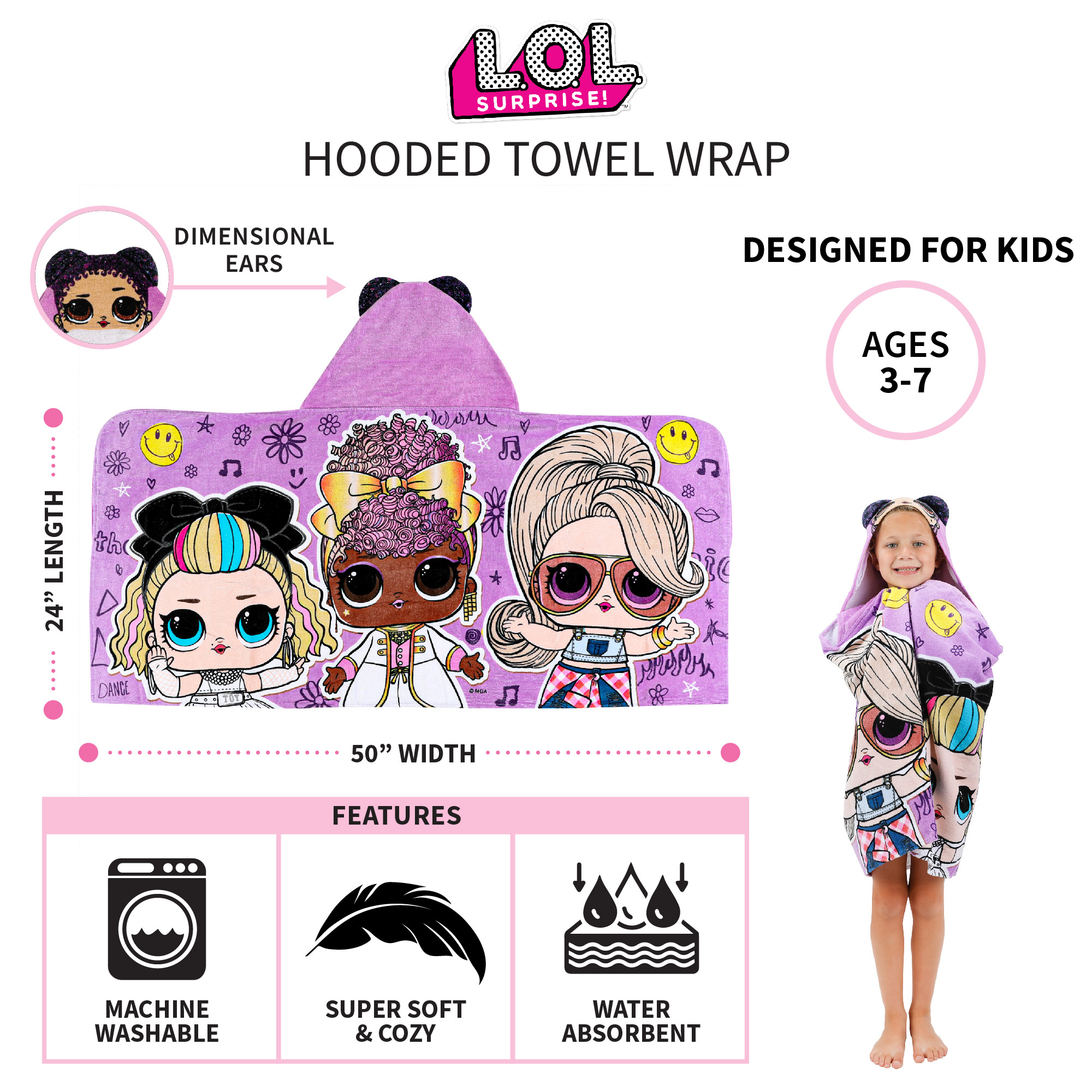 LOL Surprise Kids Purple Queen Hooded Towel, Cotton, Purple, MGA - image 4 of 10