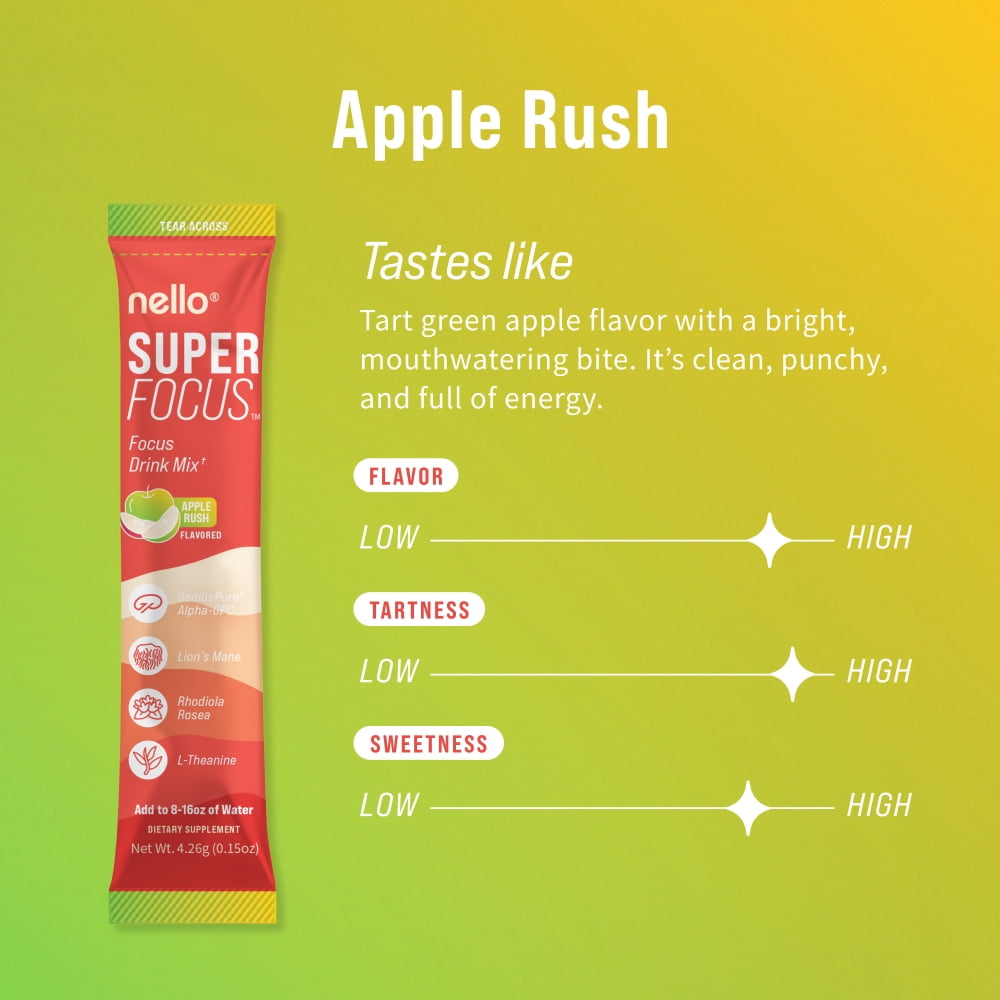 Nello SuperFocus Focus Drink Mix – Fruit Punch Flavor – Alpha GPC, Lion’s Mane, Rhodiola & N-Acetyl L-Tyrosine – Sugar-Free, On-the-Go Packets – 20 Travel Packets - Apple Rush