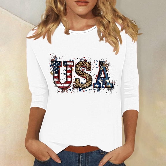 4th of July Shirts Womens Red White and Blue Blouses Memorial Day T Shirt for Women 4th of July Top Womens 4th of July Tee Fashionable Women's Pullover Printed Casual Round Neck 3/4 Sleeve Top